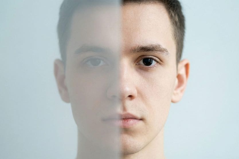 Closeup of a person with anirdia.