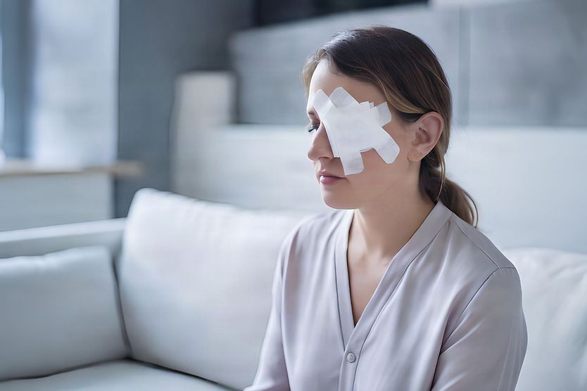 Patient with gauze over eye