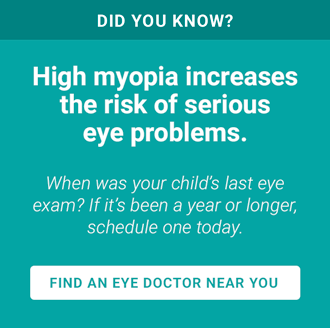 What is myopia control, and how does it work? Young girl wearing glasses for myopia standing in front of a Snellen eye chart.