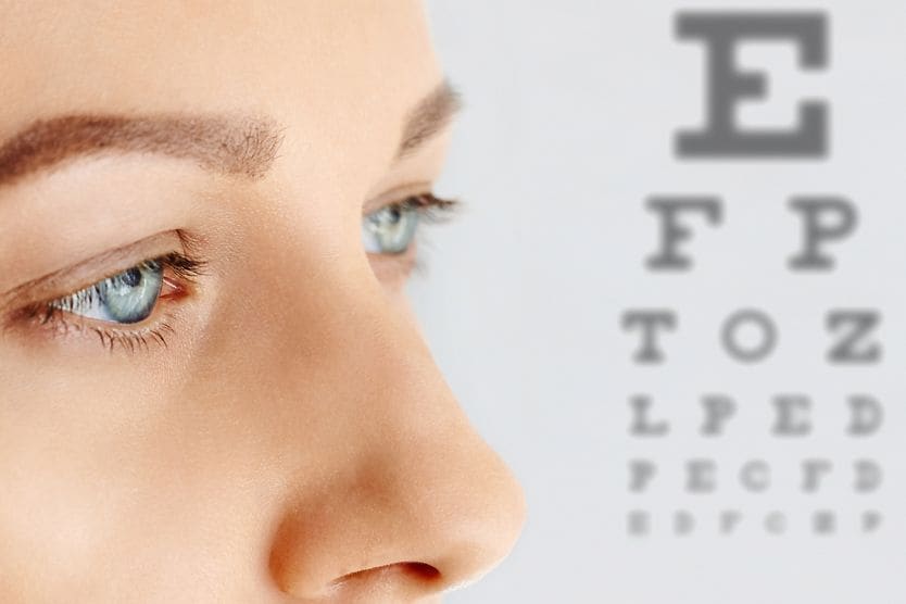 A profile image of a woman in front of a Snellen eye chart at a doctor's appointment for myopia.