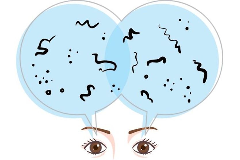 illustration of eyes looking at two bubbles filled with eye floaters