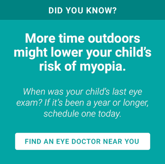 A young girl with myopia covering one eye with her hand in front of a Snellen eye chart.
