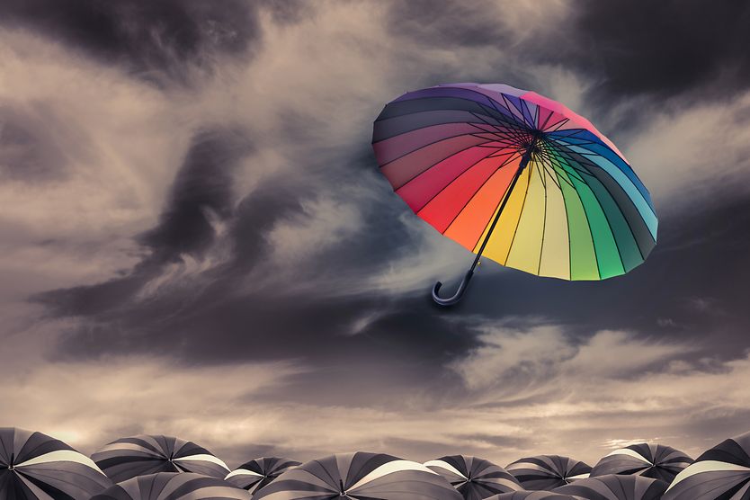 How do humans see colors? color vision displaying a rainbow umbrella against a gray backdrop