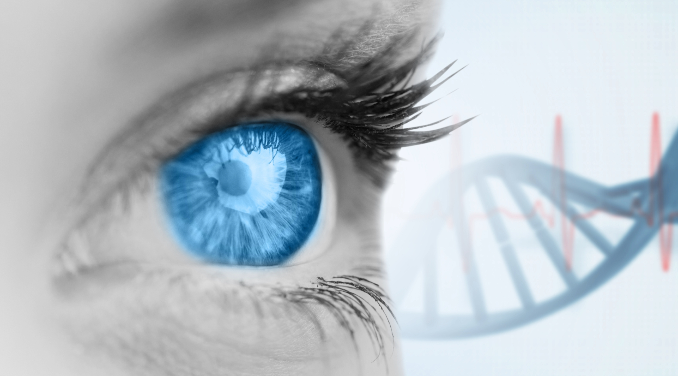closeup of a blue eye with dna double helix background