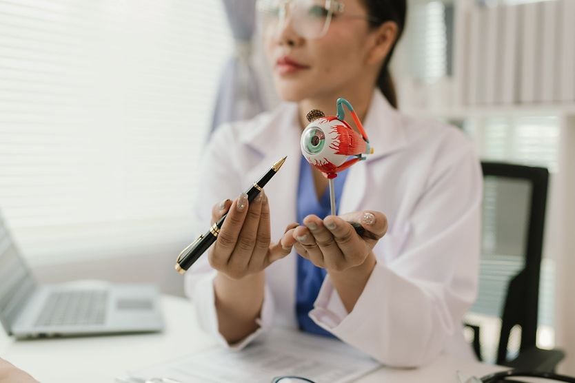 Steps that help your doctors determine your diagnosis Close-up of Asian female doctor talking with elderly patient showing eyeball model.