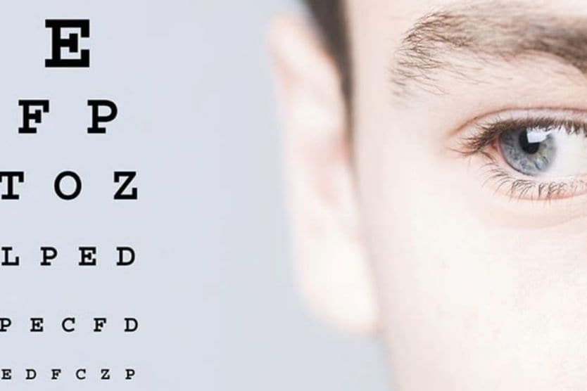 Eye chart and close up of man's eye