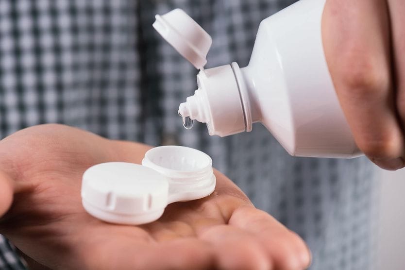 Best contact solution in 2026 Contact lens solutions displayed on grocery store shelves