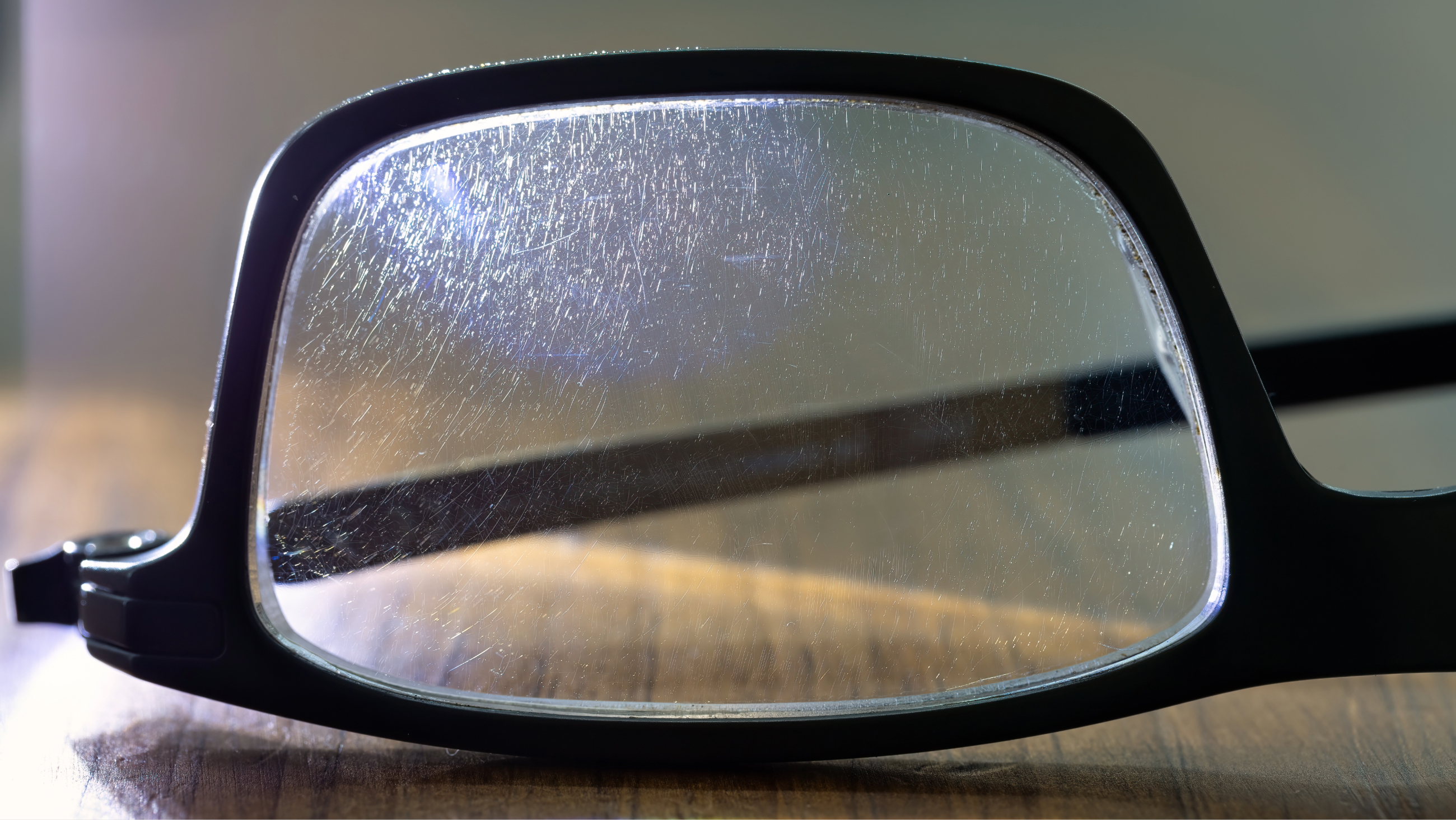 Scratch samples on the surface of eyeglasses.
