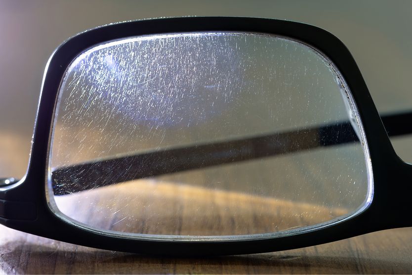 Effective ways to fix scratched glasses Scratch samples on the surface of eyeglasses.