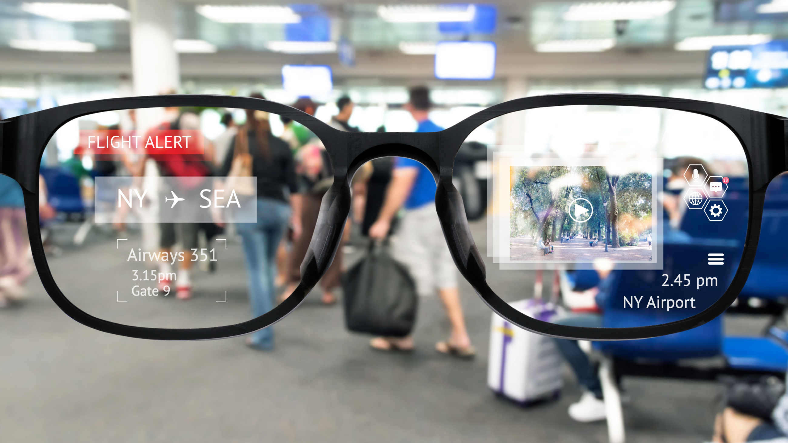 Augmented reality (AR) glasses with airport display information