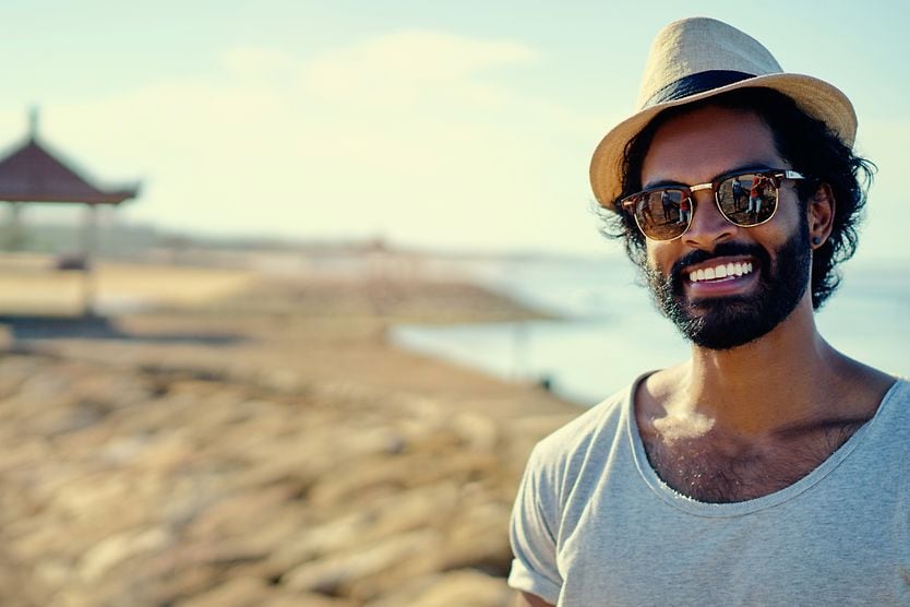 How should your Aviator sunglasses fit? man wearing sunglasses on the beach