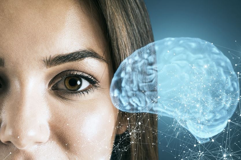 How does the brain control eyesight? close up of woman's eyes and an illustration of a brain