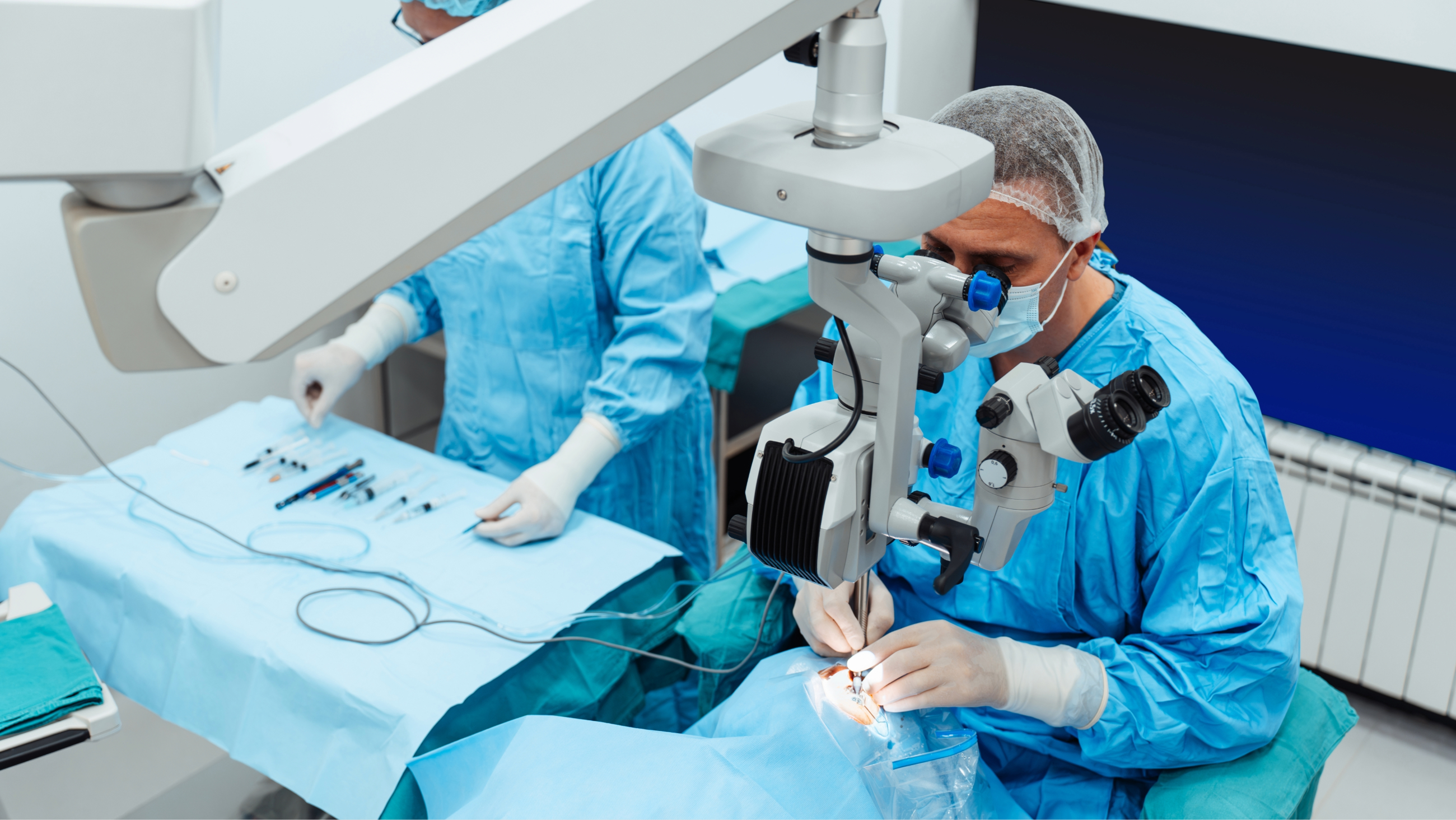 An eye surgeon performing cataract surgery on a patient.