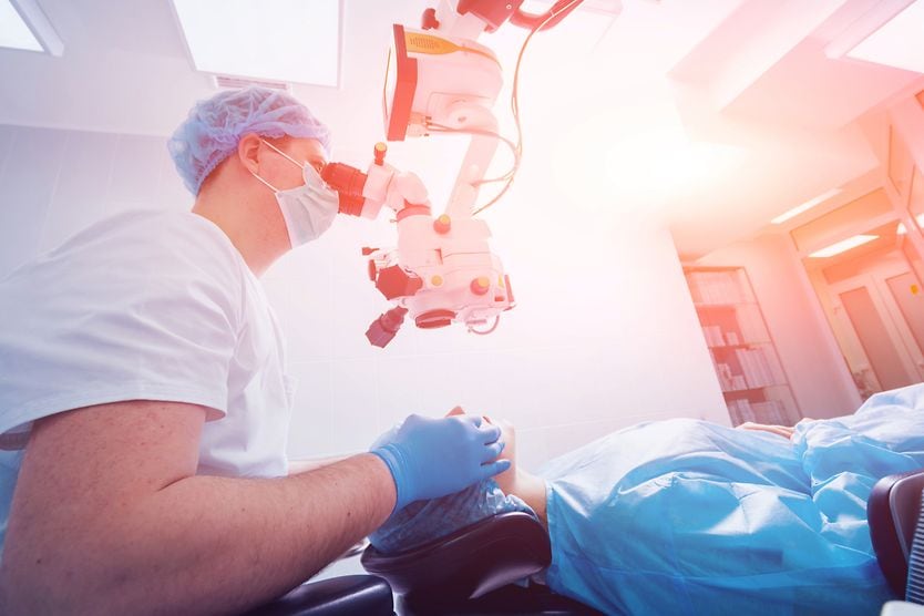 Types of eye surgery and the conditions they treat A patient and surgeon in the operating room during ophthalmic surgery.