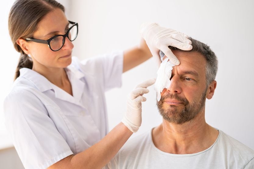 Medico che benda l'occhio di un uomo ferito