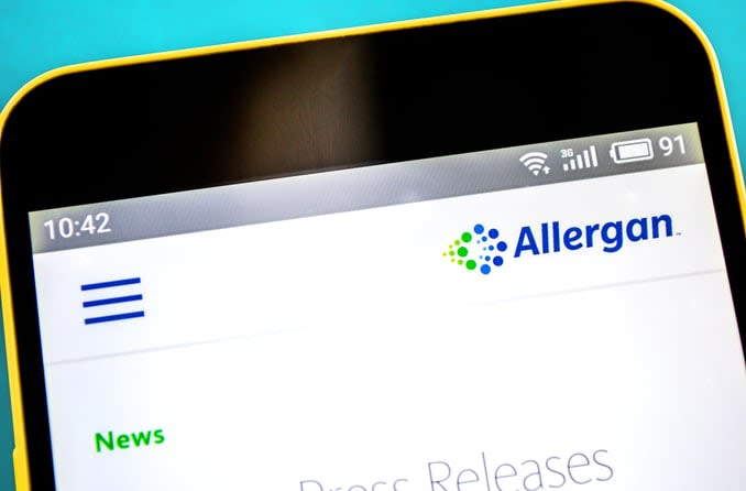 The Allergan website homepage is displayed on a smartphone screen.