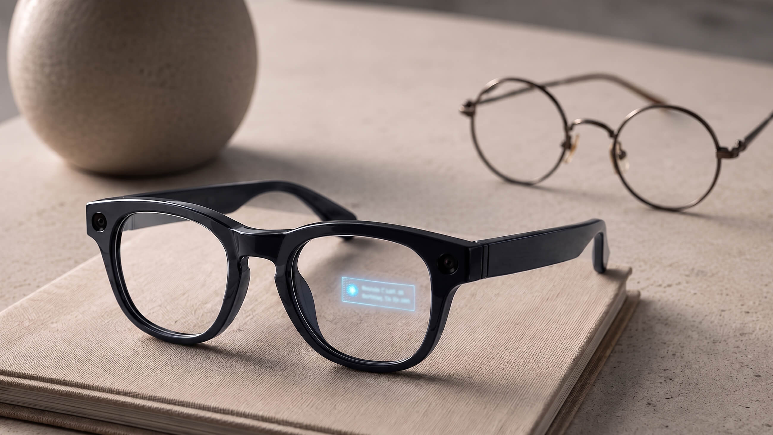 Newer glasses placed on a book with older glasses in the background.