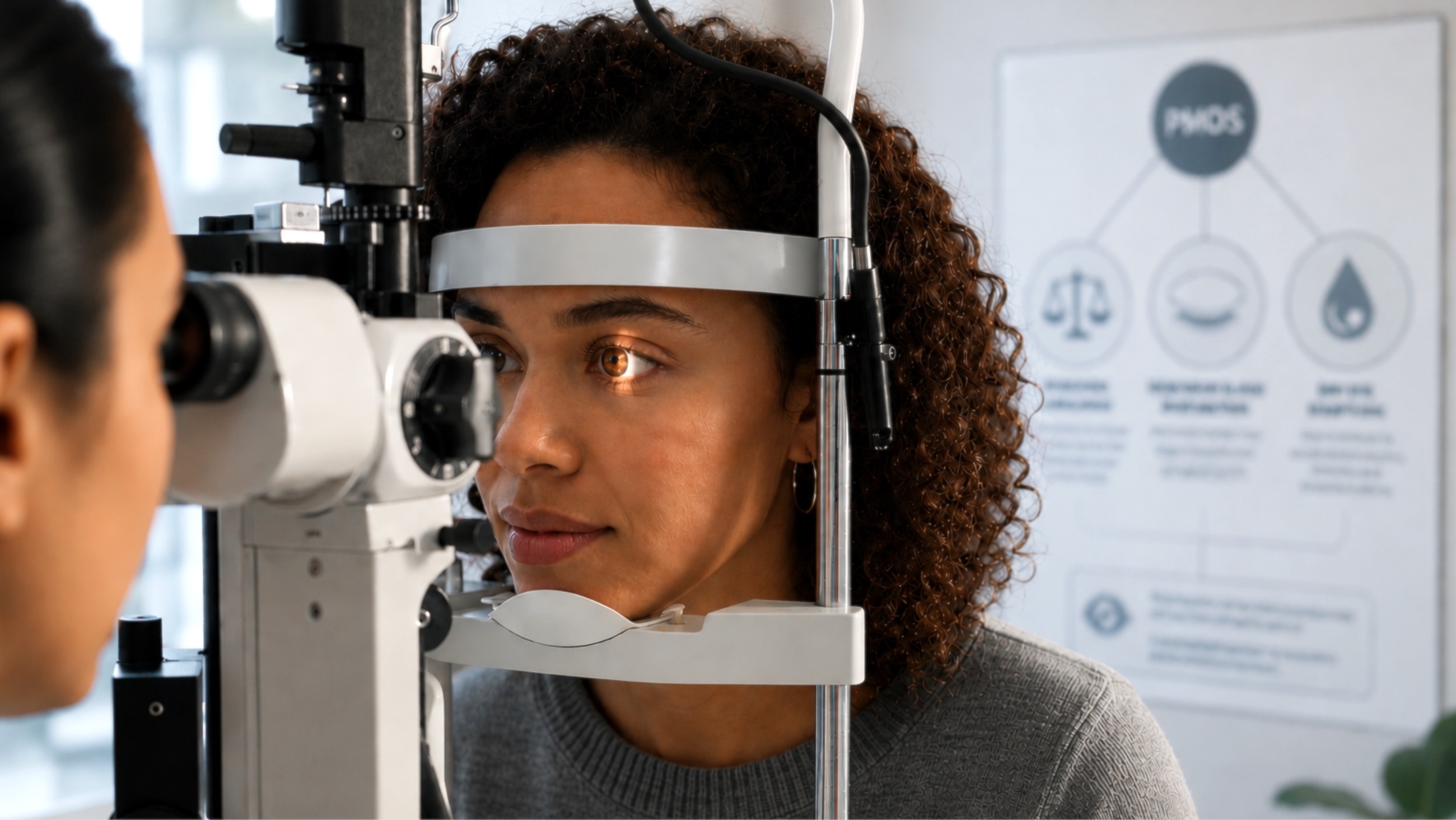 Woman getting an eye exam with a PMOS banner on back wall.