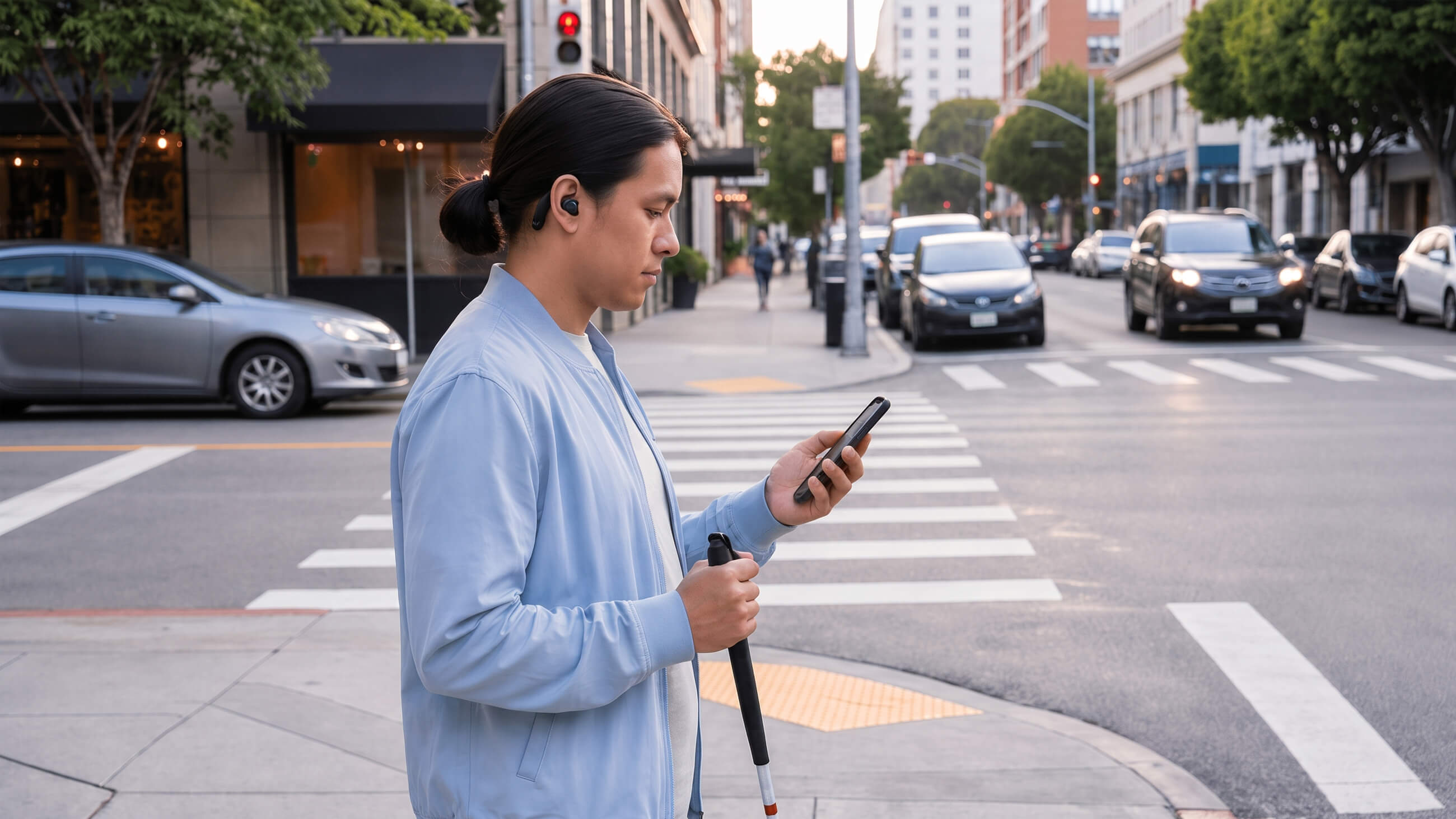 Hearing impaired person looking at a phone while on the sidewalk.