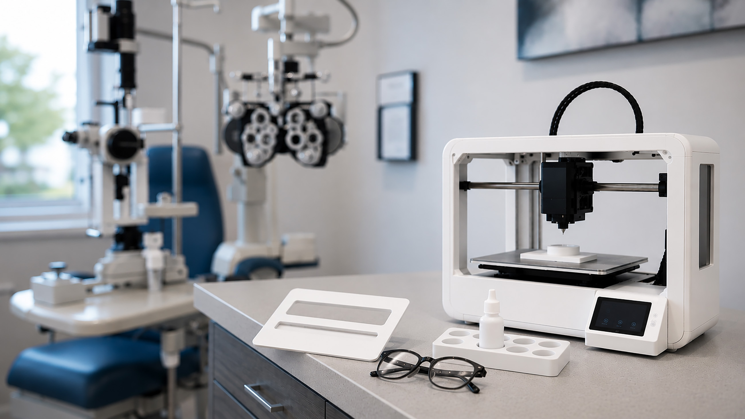 3d printer creating custom eye glasses.