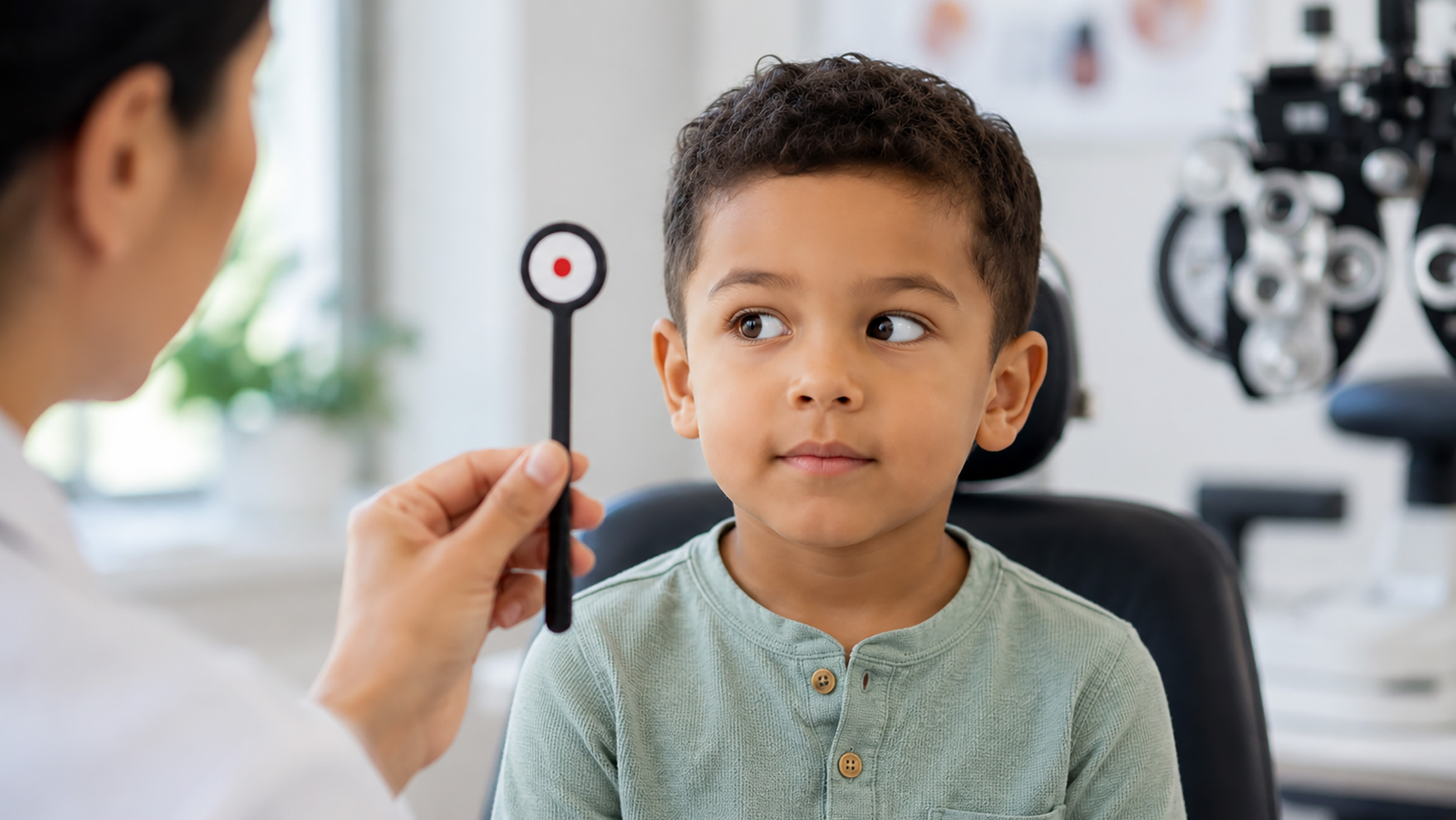 Child sitting in chair at an eye exam.