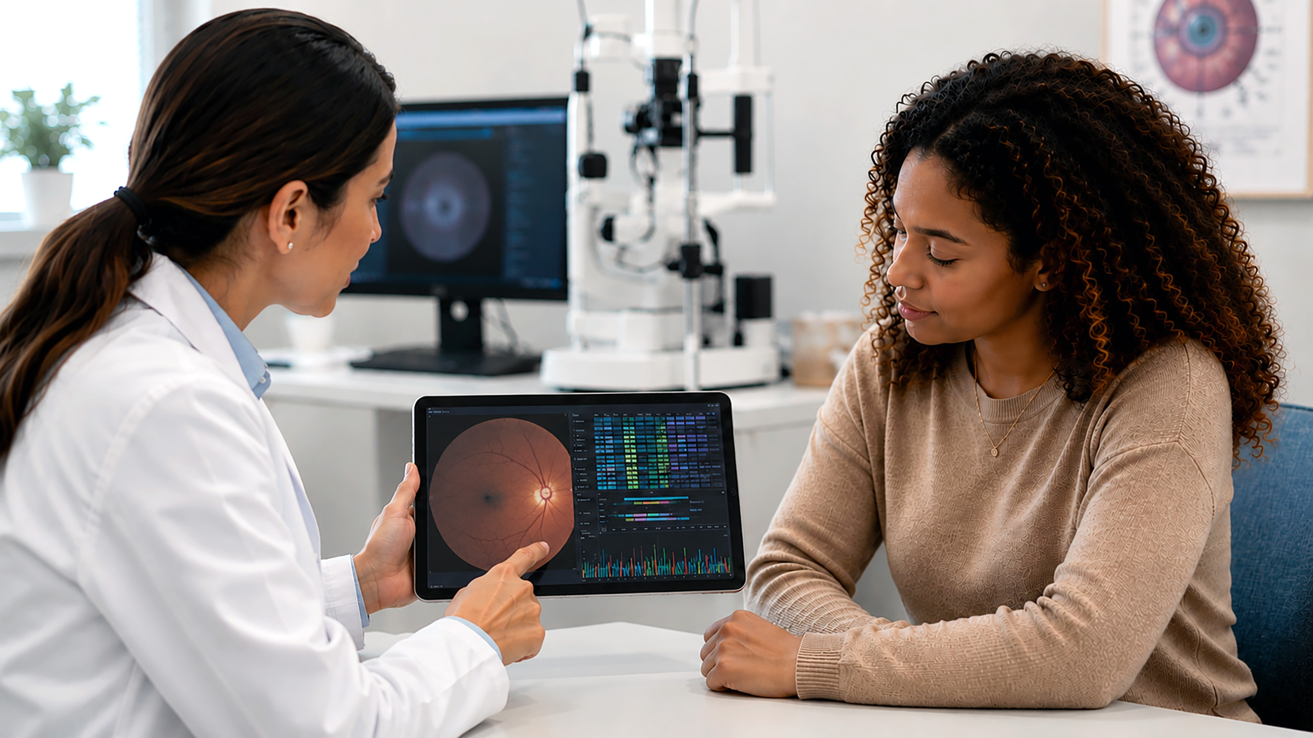 Woman sitting in a chair at an eye appointment, being shown a retina scan on a screen by a doctor.
