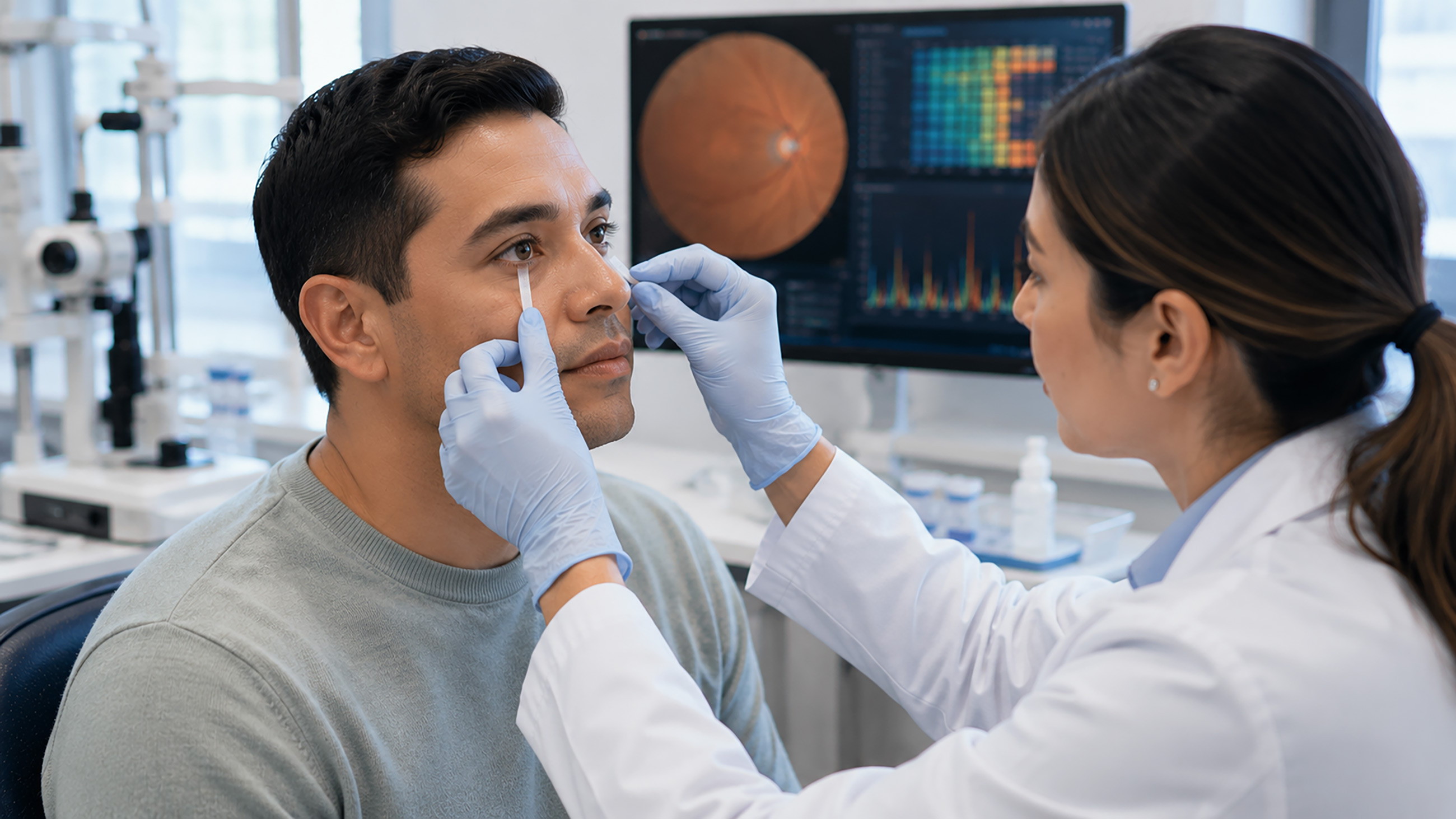 Man sitting in an eye exam chair while doctor examines him.