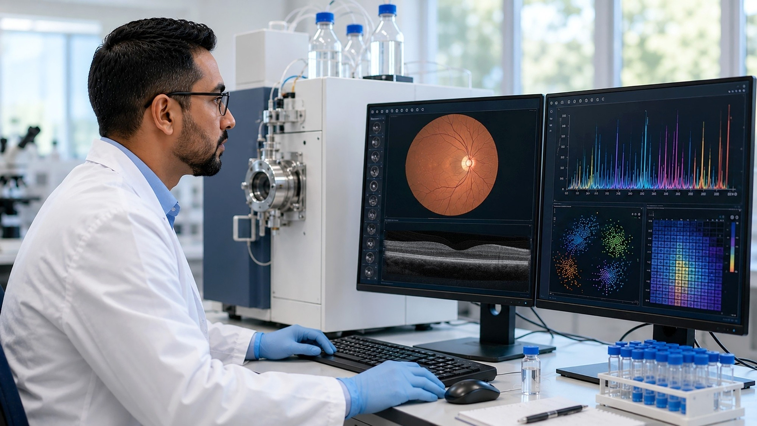 Eye doctor sitting at desk while looking at a retina scan on a screen.