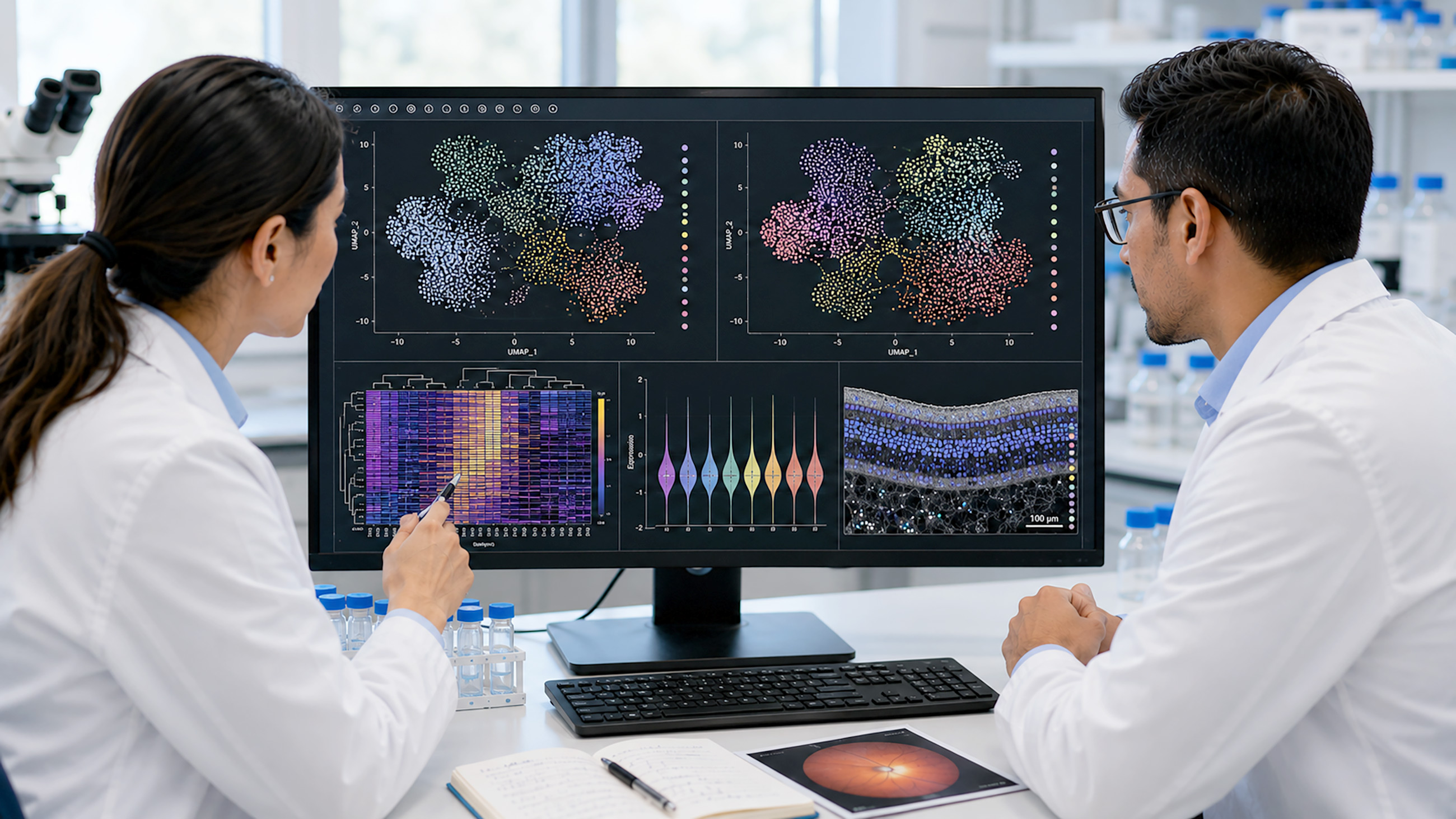 Two eye doctors looking at one large screen with data markers.
