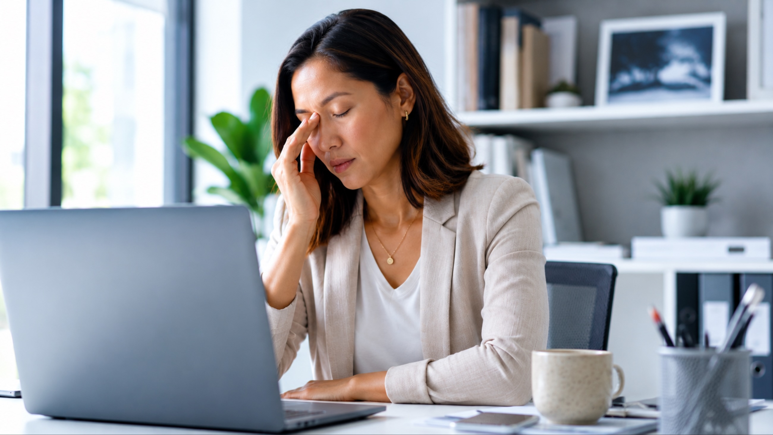 Woman sitting at desk rubbing her eyes.
