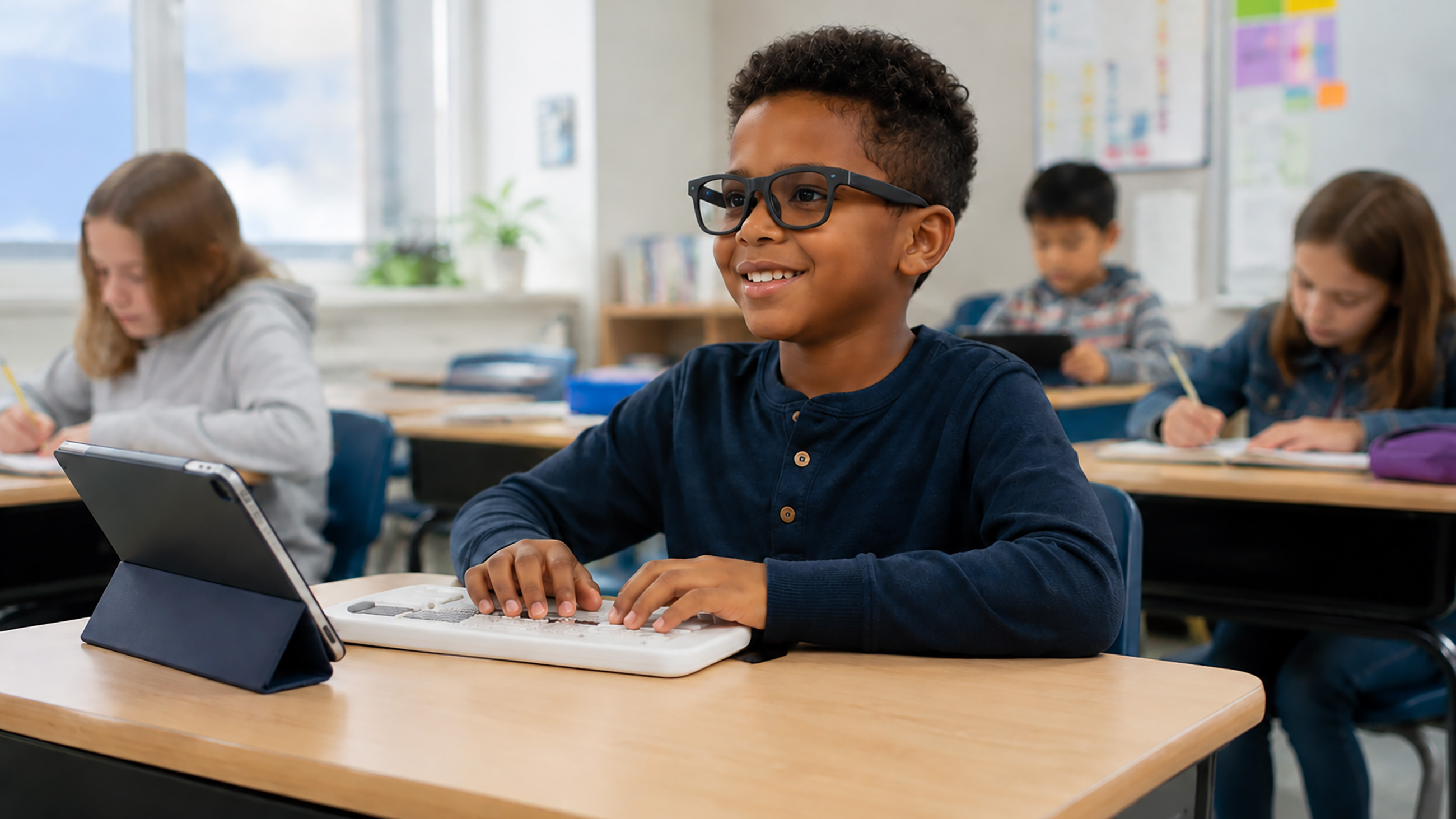 Visually impaired child sitting at a desk while in school. 