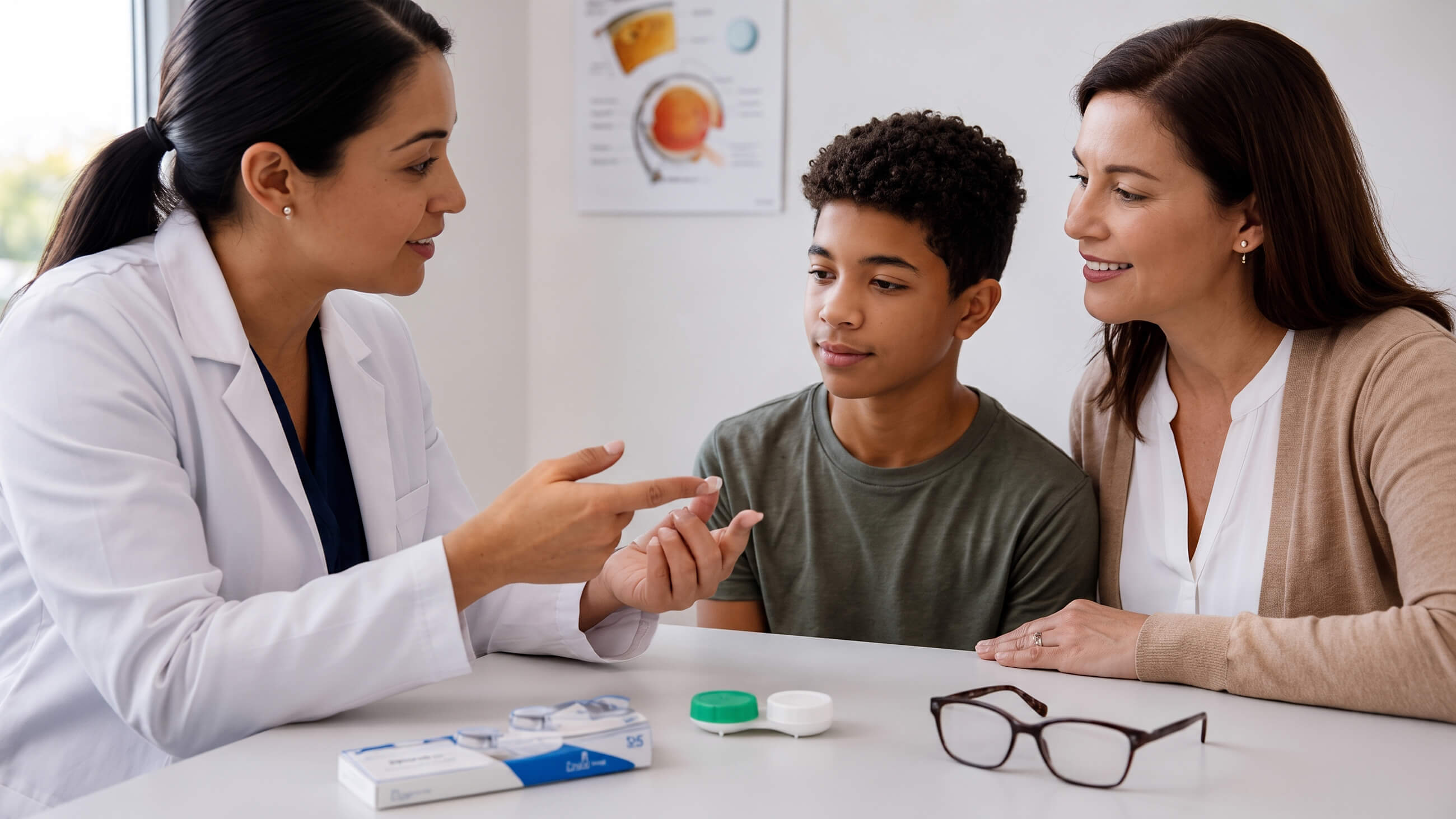 Doctor speaking with child and parent in an office with glasses and contact lenses on a table.