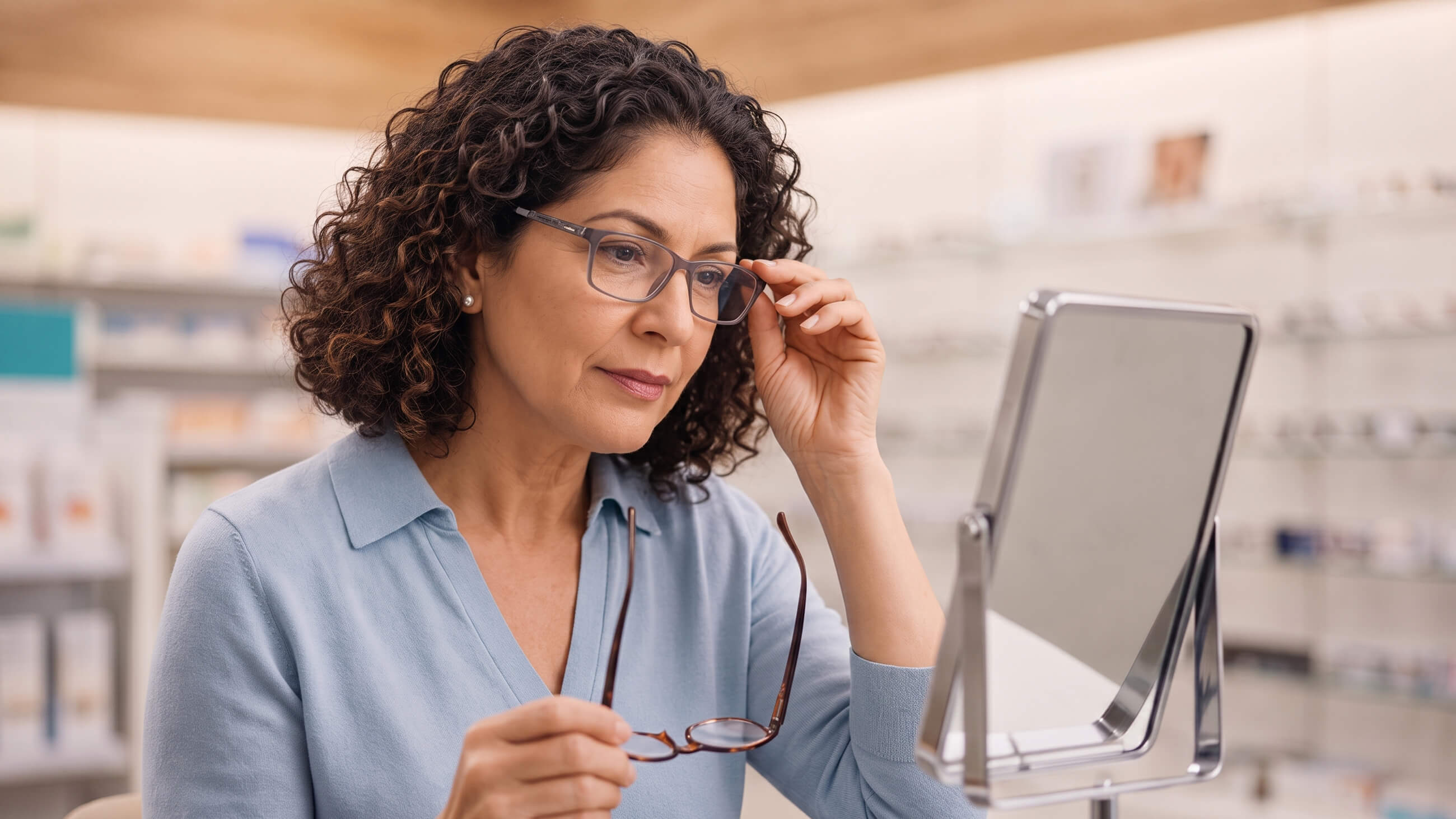 Woman at an optical shop trying on eyeglasses while looking in a mirror.