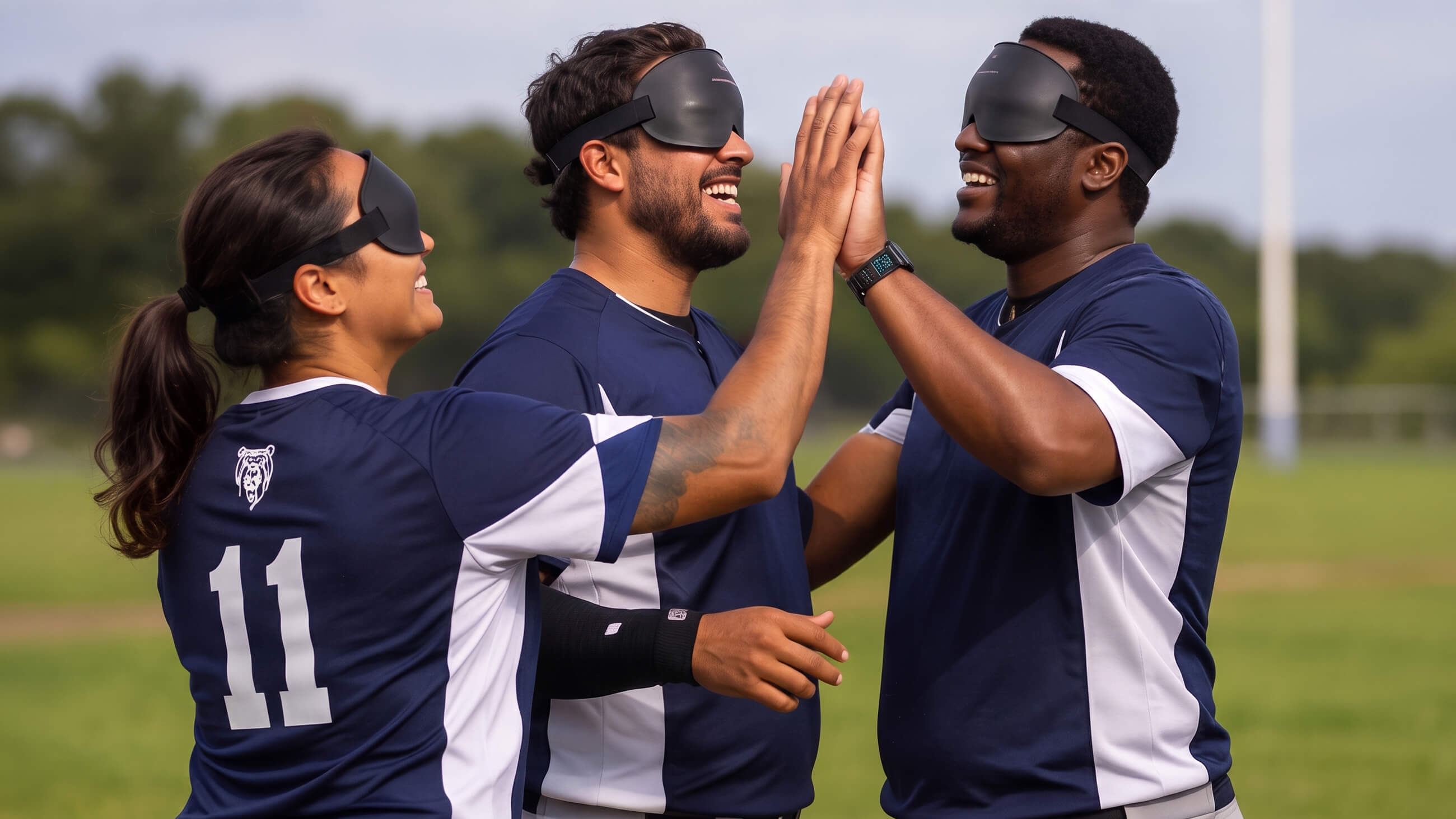 People on a sports field, high-fiving, with blindfolds over their eyes.