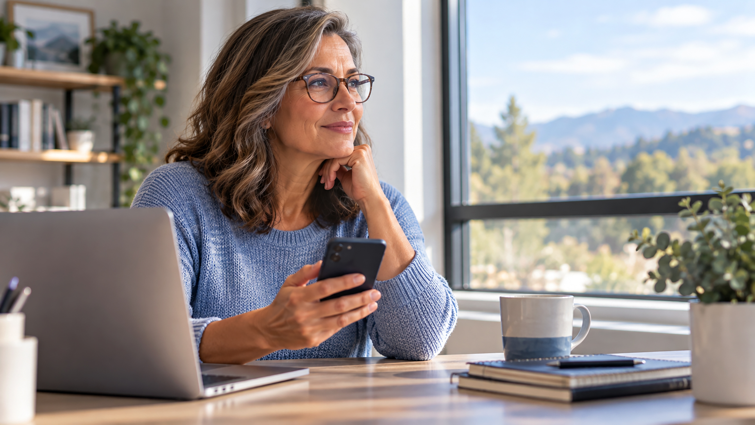 Woman sitting at a desk with phone in her hand looking out into the distance.