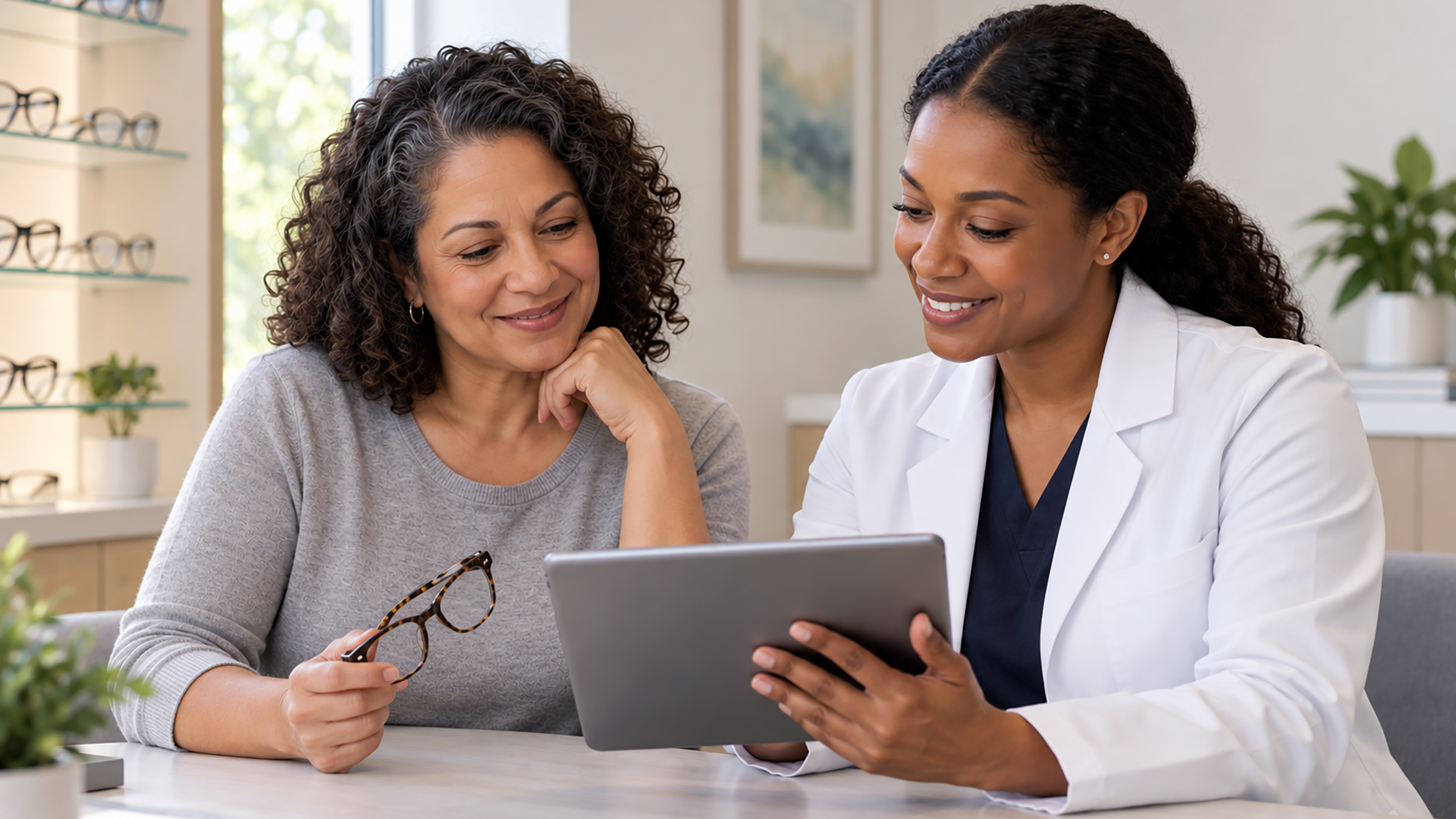 Doctor showing patient something on an ipad.