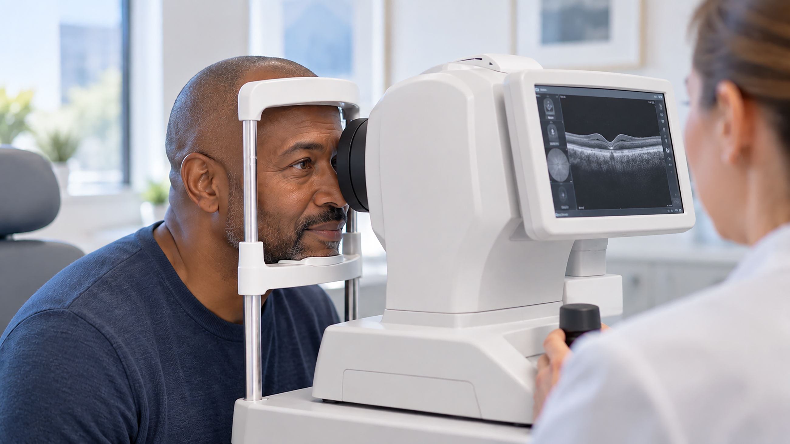 Person receiving an eye exam with a machine.