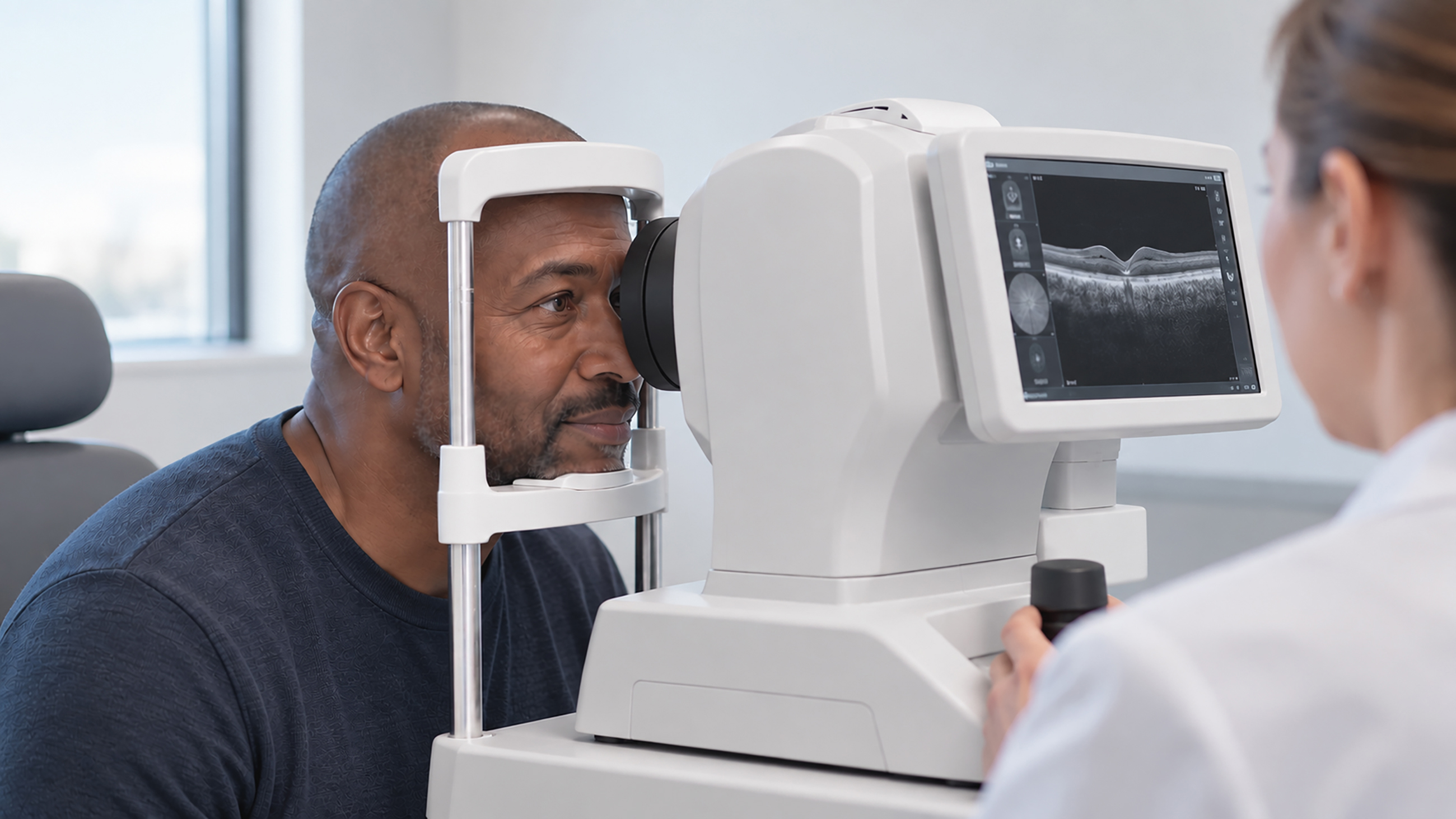 Man undergoing an OCT eye scan while an eye doctor examines retinal imaging results.
