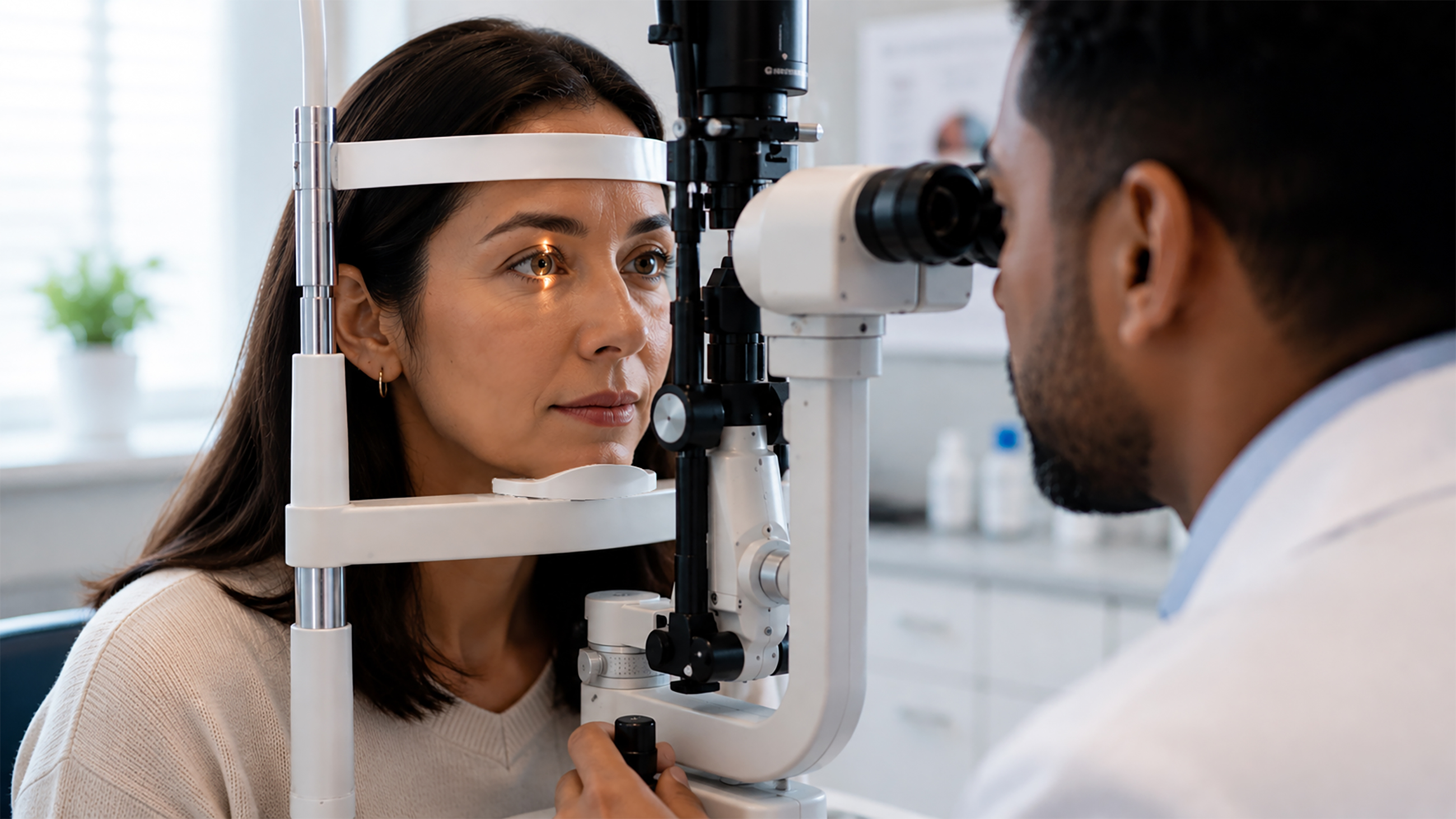 Person receiving a slit-lamp eye exam test.