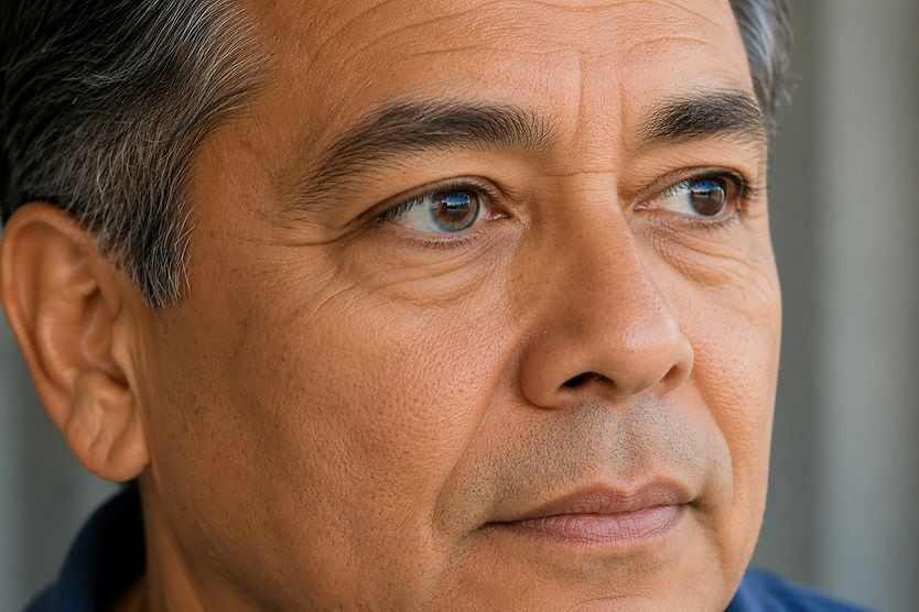 Close up of a man's face as he looks into the distance.