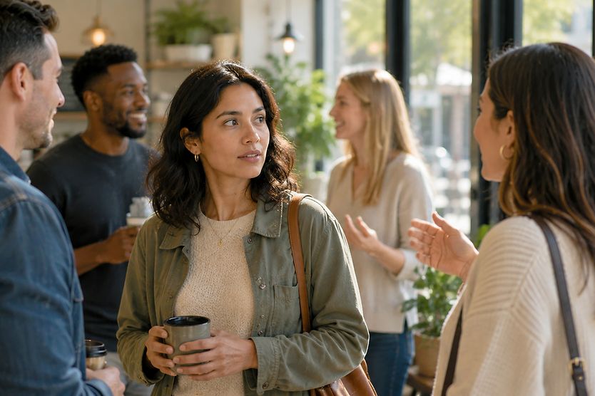 Prosopagnosia and recognizing faces in social settings Woman talking with 2 people at a social gathering.