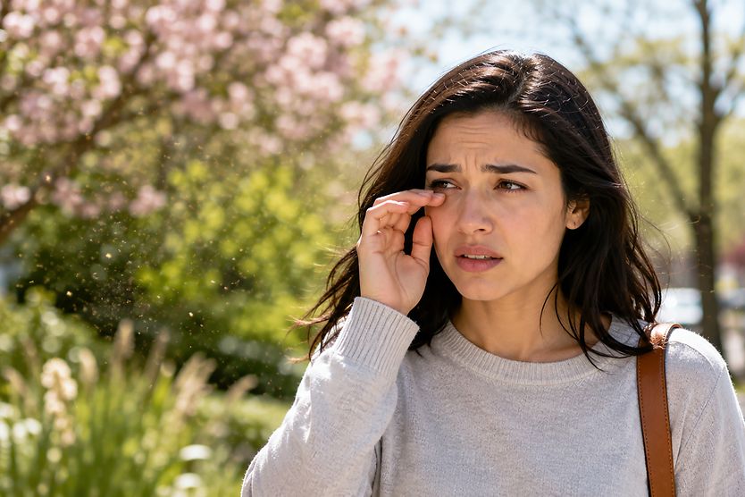 The allergic conjunctivitis inflammation process. Illustration showing the allergic conjunctivitis response, from allergen exposure to eye inflammation.