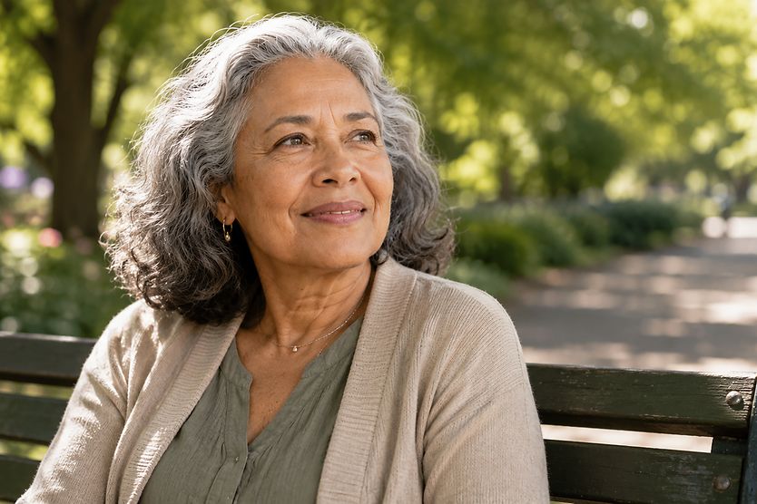  Older woman enjoying time outdoors on a park bench.