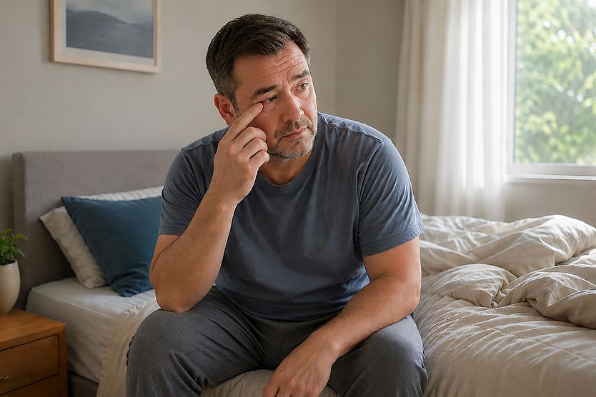 Man gently lifting an upper eyelid, illustrating a common sign of floppy eyelid syndrome.