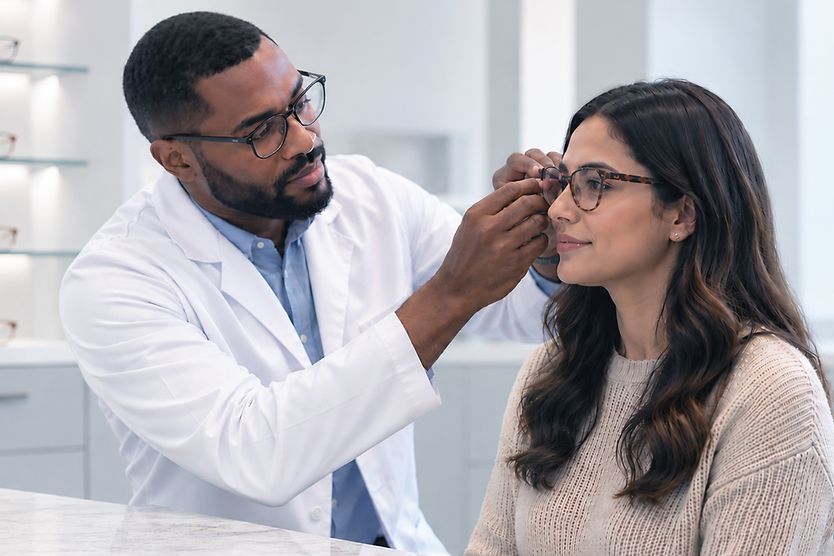 Optician helping a patient find the right glasses fit Optician adjusts eyeglass frames for a patient, combining vision care expertise with personalized fitting.