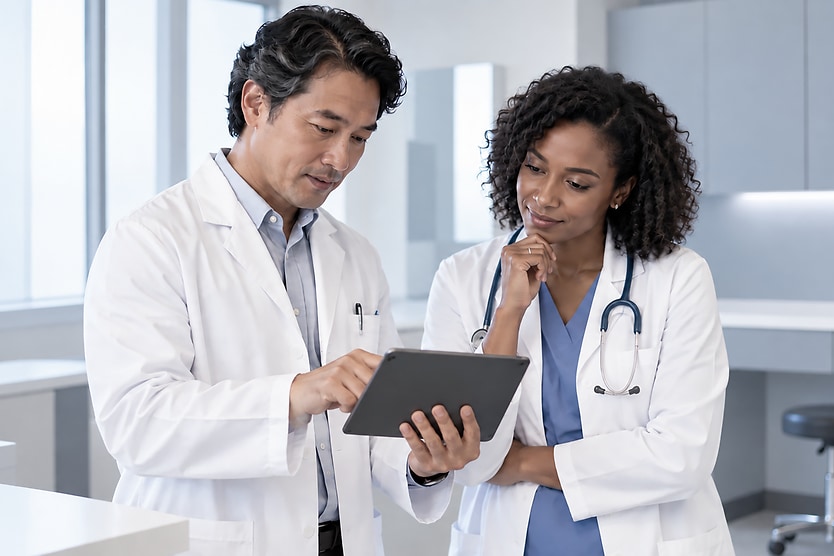 Eye doctor and physician providing collaborative care Healthcare professionals reviewing patient information on a tablet in a modern medical office.