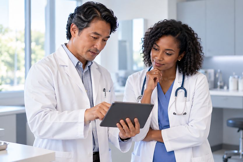 Eye doctor and physician providing collaborative care Healthcare professionals reviewing patient information on a tablet in a modern medical office.