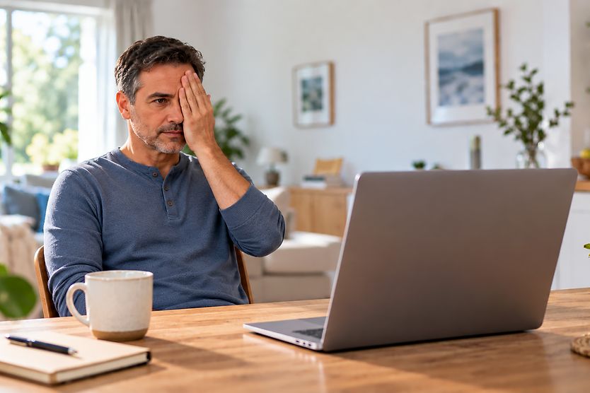 Man doing online vision screening test Man covering one eye while viewing a laptop.