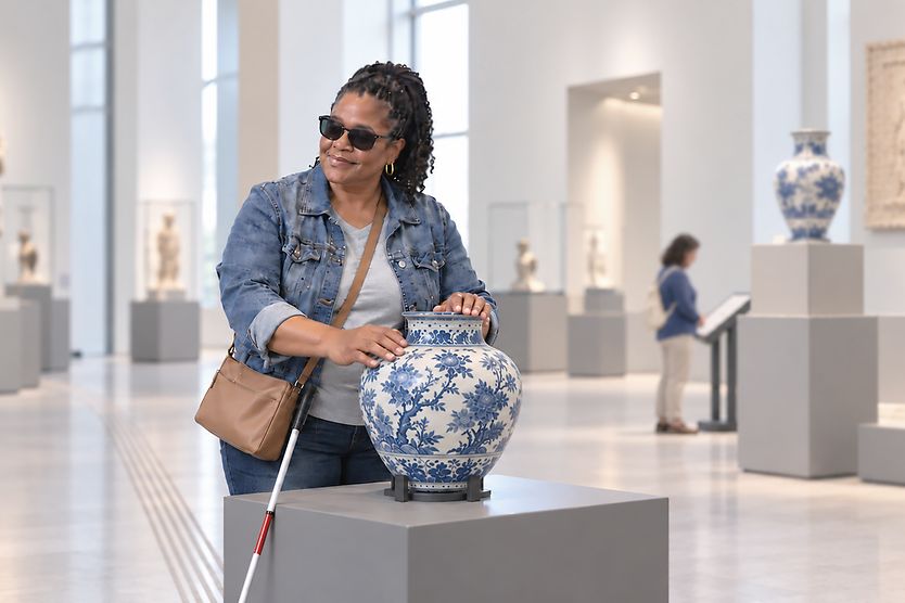 Museums for blind or low vision people Blind woman in a museum touching a piece of art.