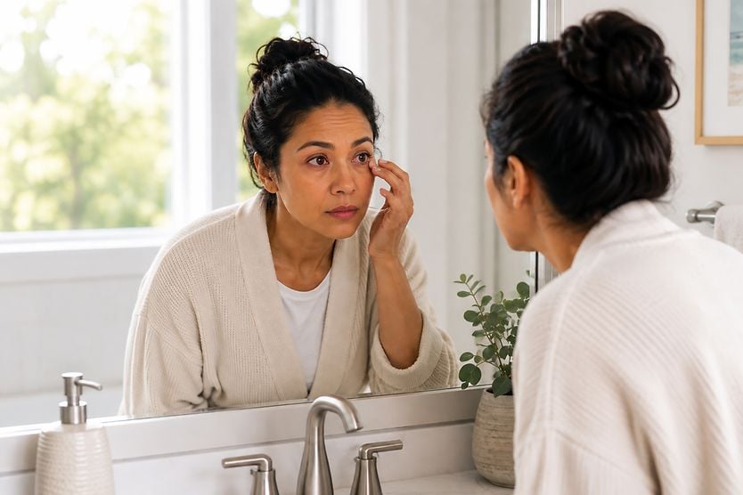 Neurotrophic keratitis symptoms and eye awareness Woman checking her eye in the mirror.